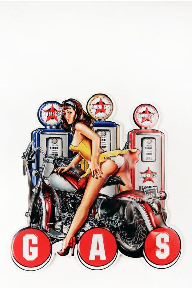 Retro Metallskilt Pin Up Girl Motorbike GAS
